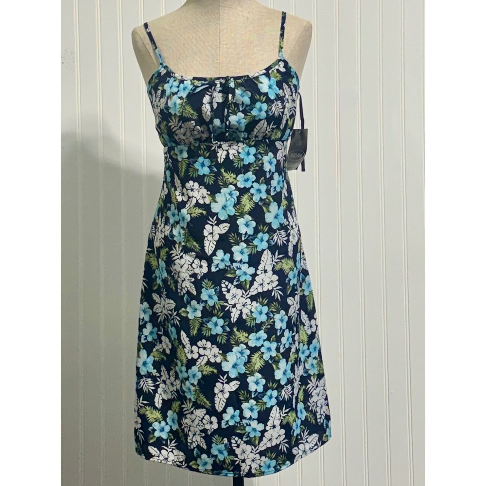 Vtg Fashion Bug NWT 8 Navy Tropical Floral Y2K Babydoll Spaghetti Strap Dress